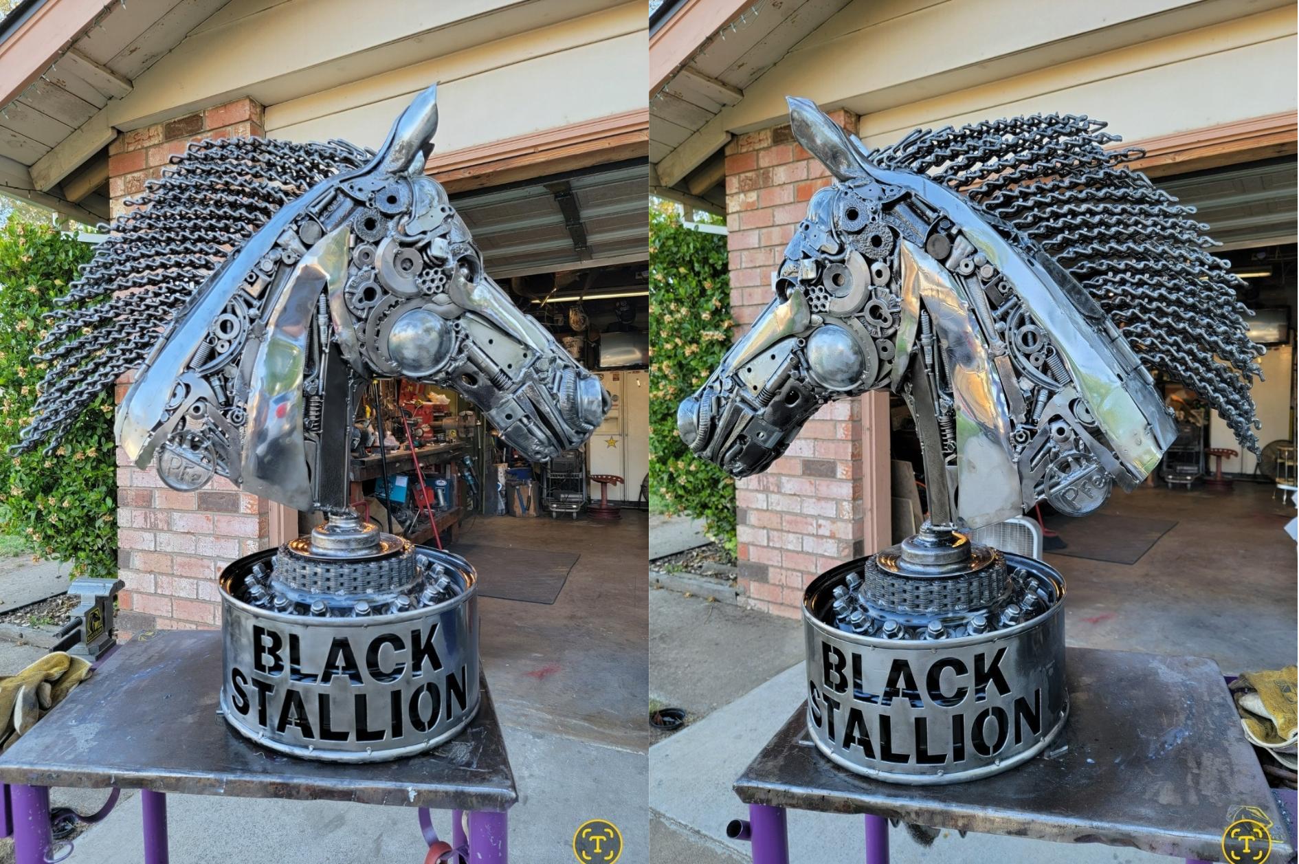 Horse art - "Black Stallion" scrap metal art sculpture created by metal artist PJ Kennedy aka PFe works