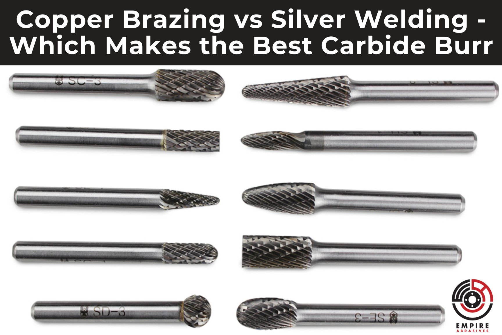 Blog post header for "Copper Brazing vs Silver Welding - Which Makes the Best Carbide Burr". Featuring 10 carbide burrs from a 10 pack of 1/4" double cut tungsten carbide burrs