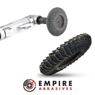 3-inch curved edge flap disc mounted on a die grinder, designed for fillet weld grinding and tight corners. Empire Abrasives logo below.