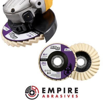 4.5-inch felt polishing flap disc mounted on an angle grinder, used for buffing and high-gloss finishing. Two extra discs shown with Empire Abrasives branding.