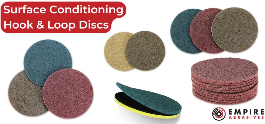 hook and loop (Velcro) surface conditioning discs attach to a backing pad or to a hook and loop machine and offer the same functionality and versatility as the surface conditioning flap discs