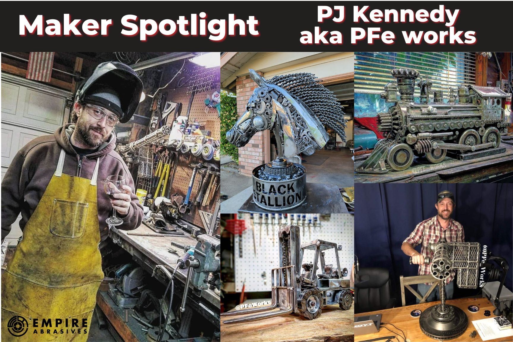 Metalworker Maker spotlight on PJ Kennedy aka PFe works who is a scrap metal artist who welds impressive metal sculptures in a steampunk style