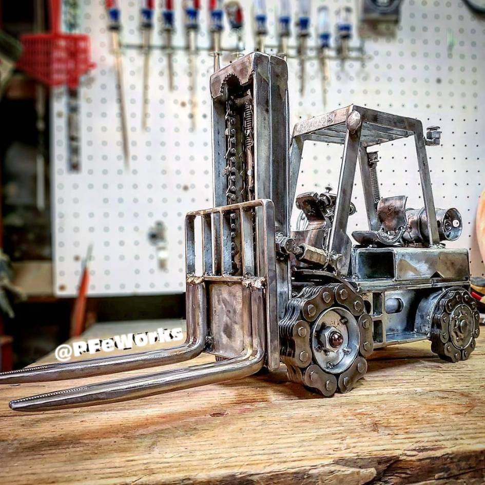 "FenceLift" forklift sculpture made all out of old fence bits - metal art by artist aka PJ Kennedy aka PFe works