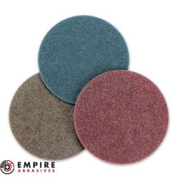 7" Hook & Loop Surface Conditioning Discs - Fine (blue), medium (red), and coarse (tan)